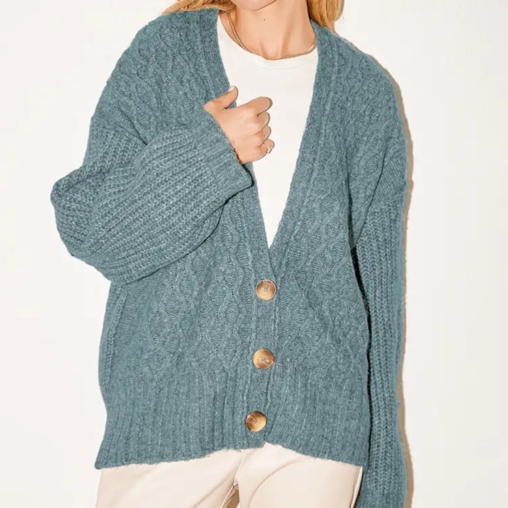 Free People Molly Teal Multi Cable Knit Cardigan Sweater